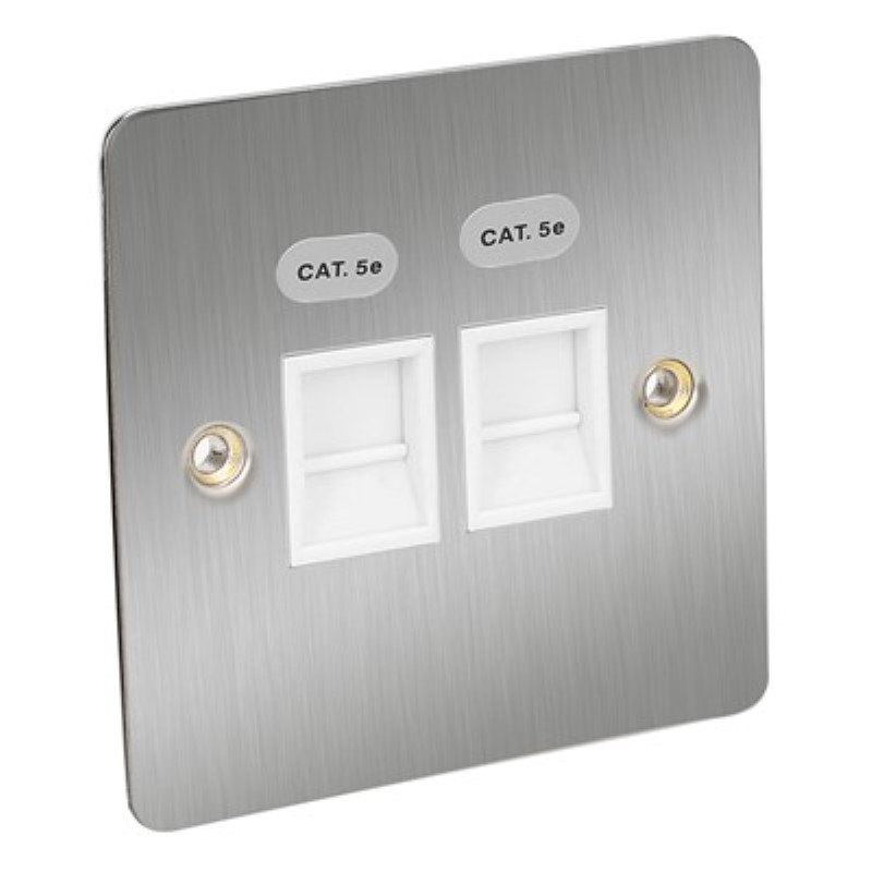 Flat Plate 2 Gang RJ45 Outlet Cat5e *Satin Chrome/White Insert * - Click Image to Close